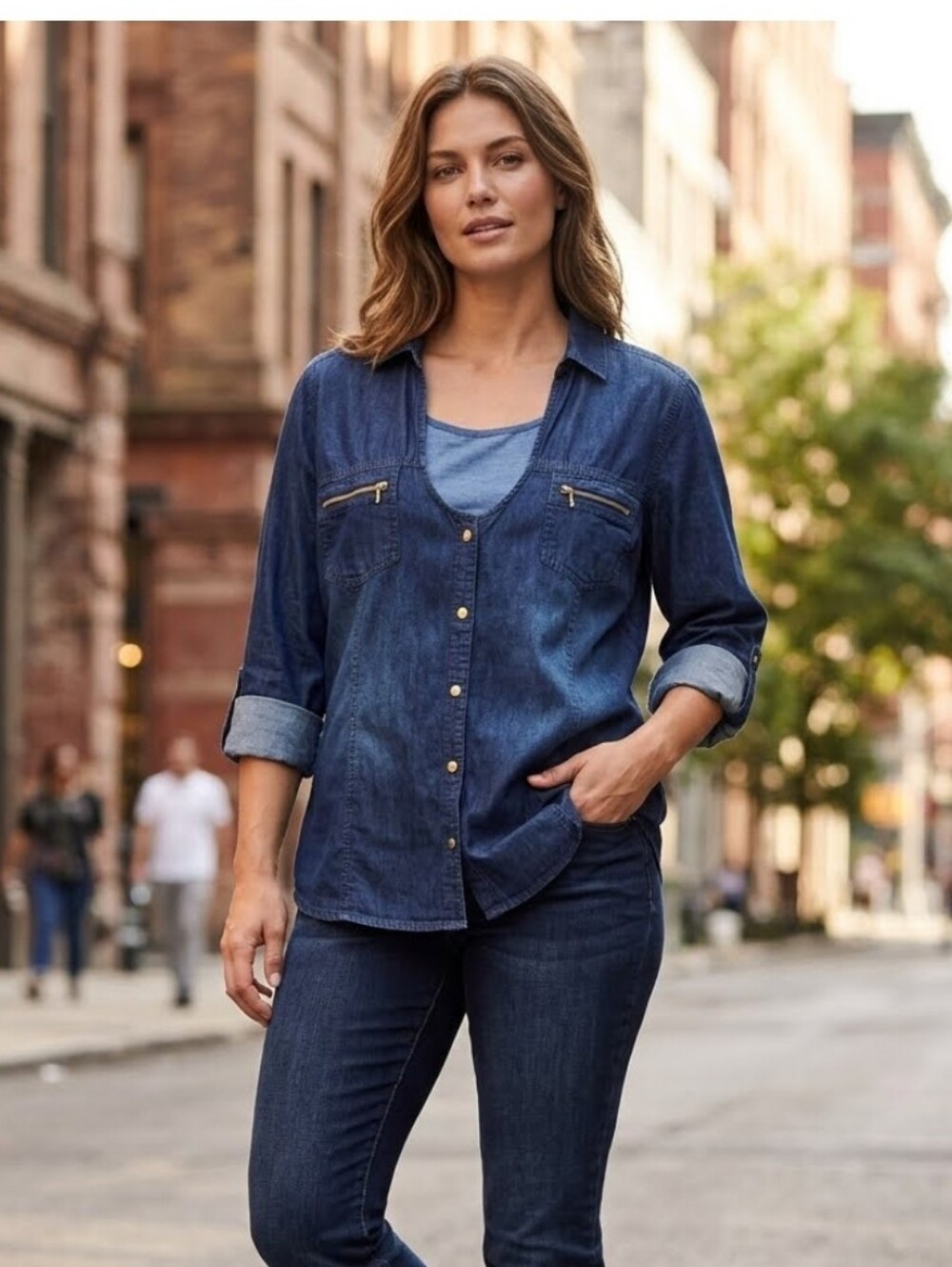New Look Indigo Denim Button-Up Shirt Jacket with Gold Zipper Accents